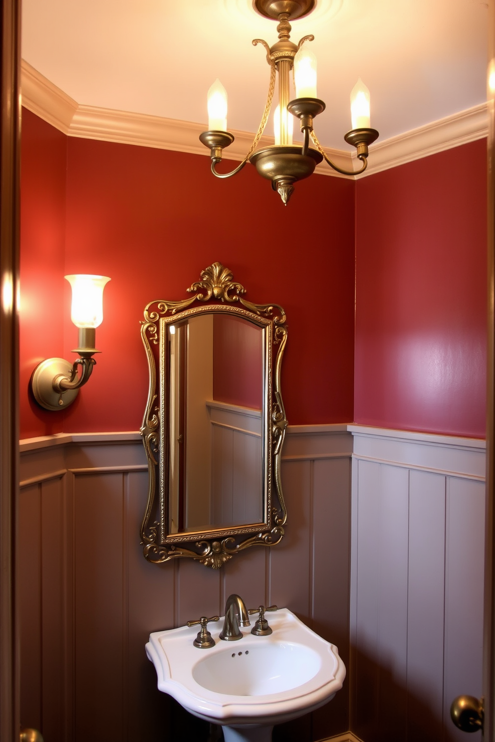 A charming powder room features antique brass fixtures that add a touch of elegance. The lighting is soft and inviting, with a vintage-style chandelier hanging gracefully from the ceiling. The walls are adorned with rich, deep colors that complement the brass accents beautifully. A stylish mirror with an ornate brass frame reflects the warm glow from the carefully placed sconces on either side.