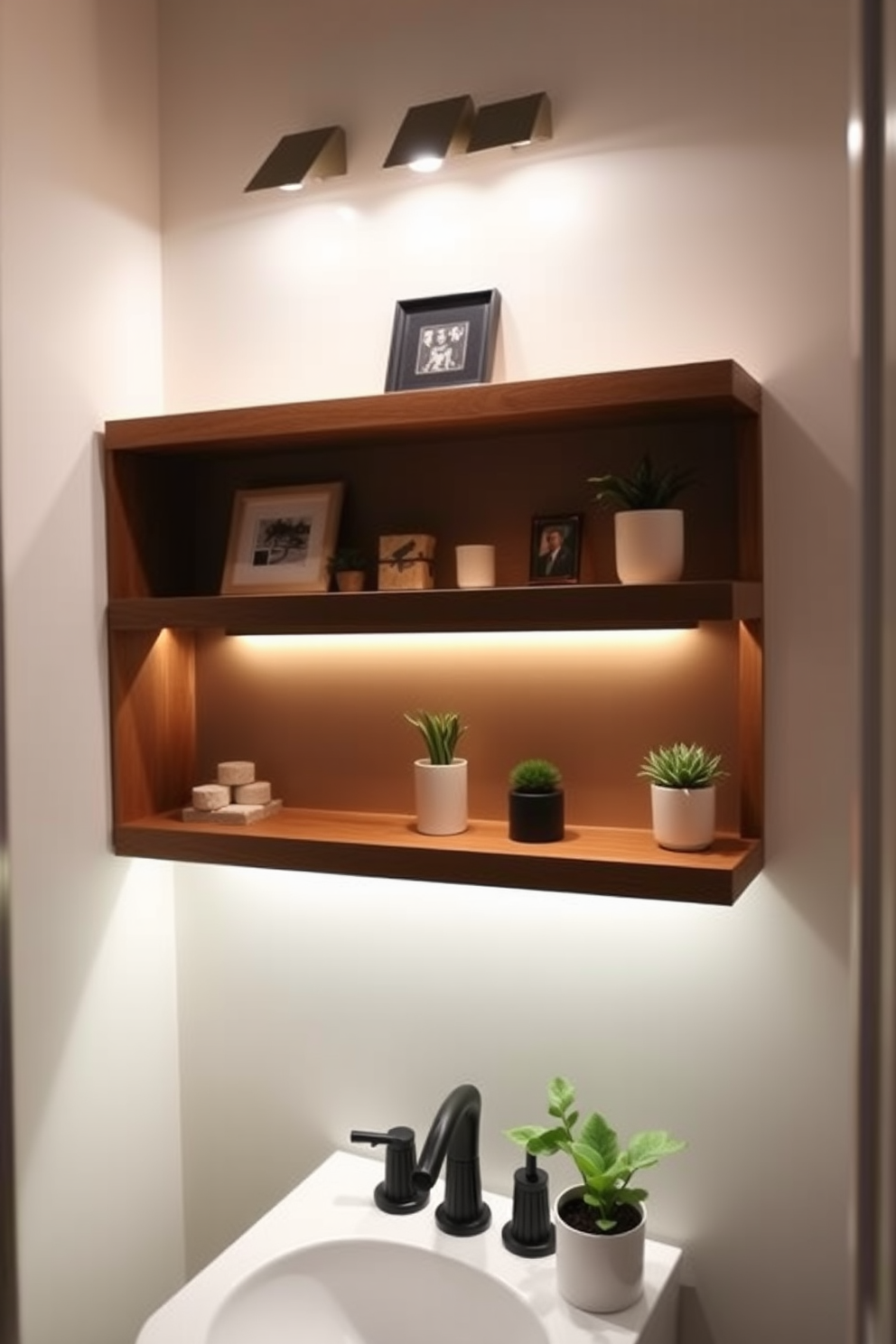 A chic powder room featuring floating shelves elegantly illuminated by under-cabinet lighting. The shelves are adorned with decorative items and small potted plants, creating a warm and inviting atmosphere.