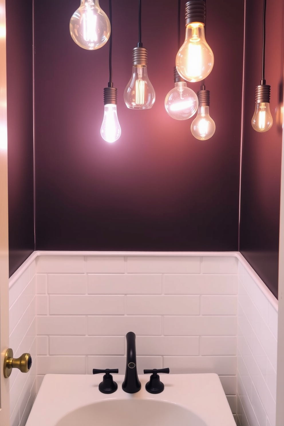 A stylish powder room features unique lightbulbs that add personality and charm to the space. The light fixtures are creatively designed, showcasing an array of shapes and colors that enhance the overall ambiance.