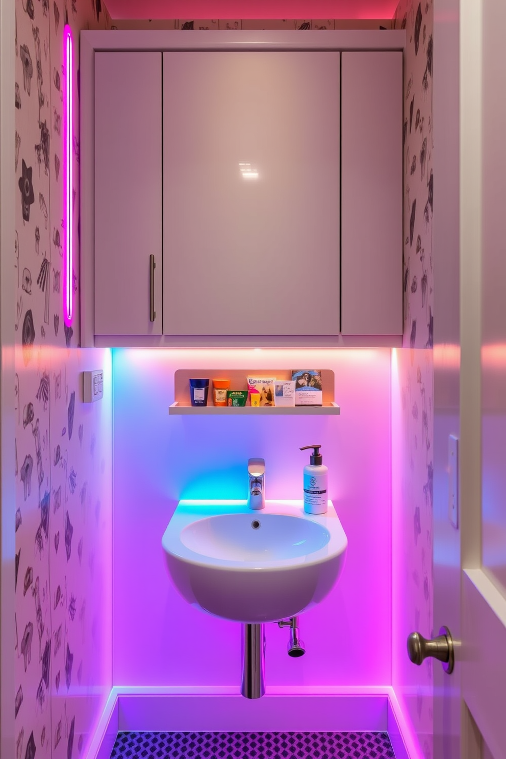 A vibrant powder room features colorful LED strips elegantly installed under the cabinetry, casting a warm glow that enhances the space. The walls are adorned with a playful wallpaper design, and the sleek fixtures complement the modern aesthetic.