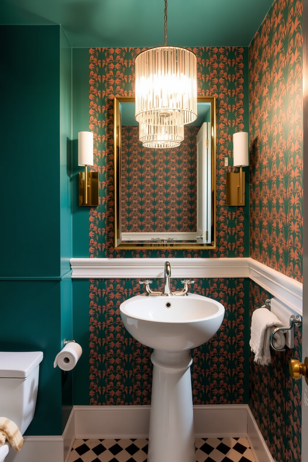 A striking powder room features statement fixtures that capture attention. A modern chandelier hangs above a sleek pedestal sink, creating a focal point in the space. The walls are adorned with bold wallpaper showcasing a vibrant pattern. Unique sconces flank the mirror, providing both style and functional lighting.