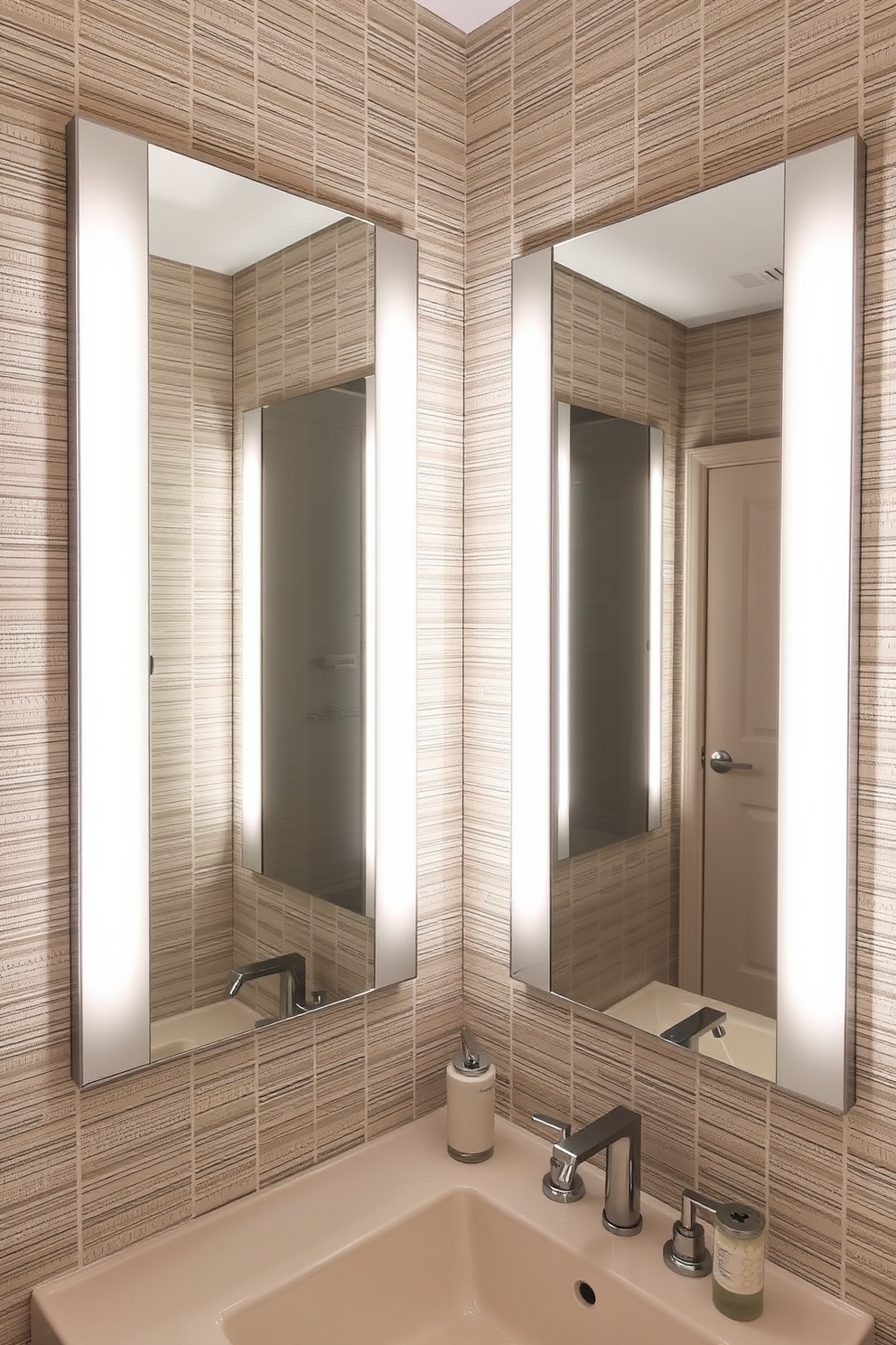 A chic powder room featuring backlit mirrors that create a soft and inviting glow. The walls are adorned with textured wallpaper in a neutral tone, complementing the sleek fixtures and modern design elements.