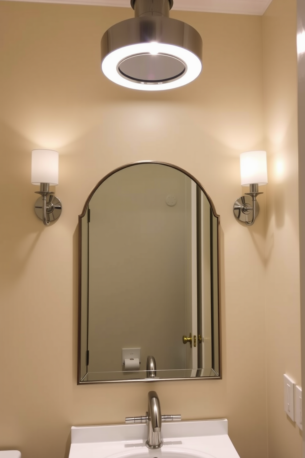 A chic powder room featuring brass fixtures that add a touch of luxury. The walls are adorned with elegant wallpaper in a soft pastel hue, and a stylish pendant light hangs gracefully from the ceiling. The vanity is a sleek white design with a polished marble countertop and a brass faucet. A large round mirror with a brass frame reflects the ambient lighting, creating a warm and inviting atmosphere.