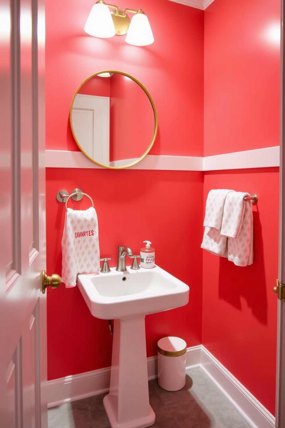 A bright coral powder room exudes a cheerful ambiance with its vibrant walls that instantly uplift the mood. The space features a sleek white pedestal sink and a round mirror with a simple gold frame, creating a stylish contrast against the bold color. To enhance the lively atmosphere, playful accessories like patterned towels and a small potted plant can be added. The floor is adorned with light gray tiles, providing a subtle balance to the energetic coral hues.