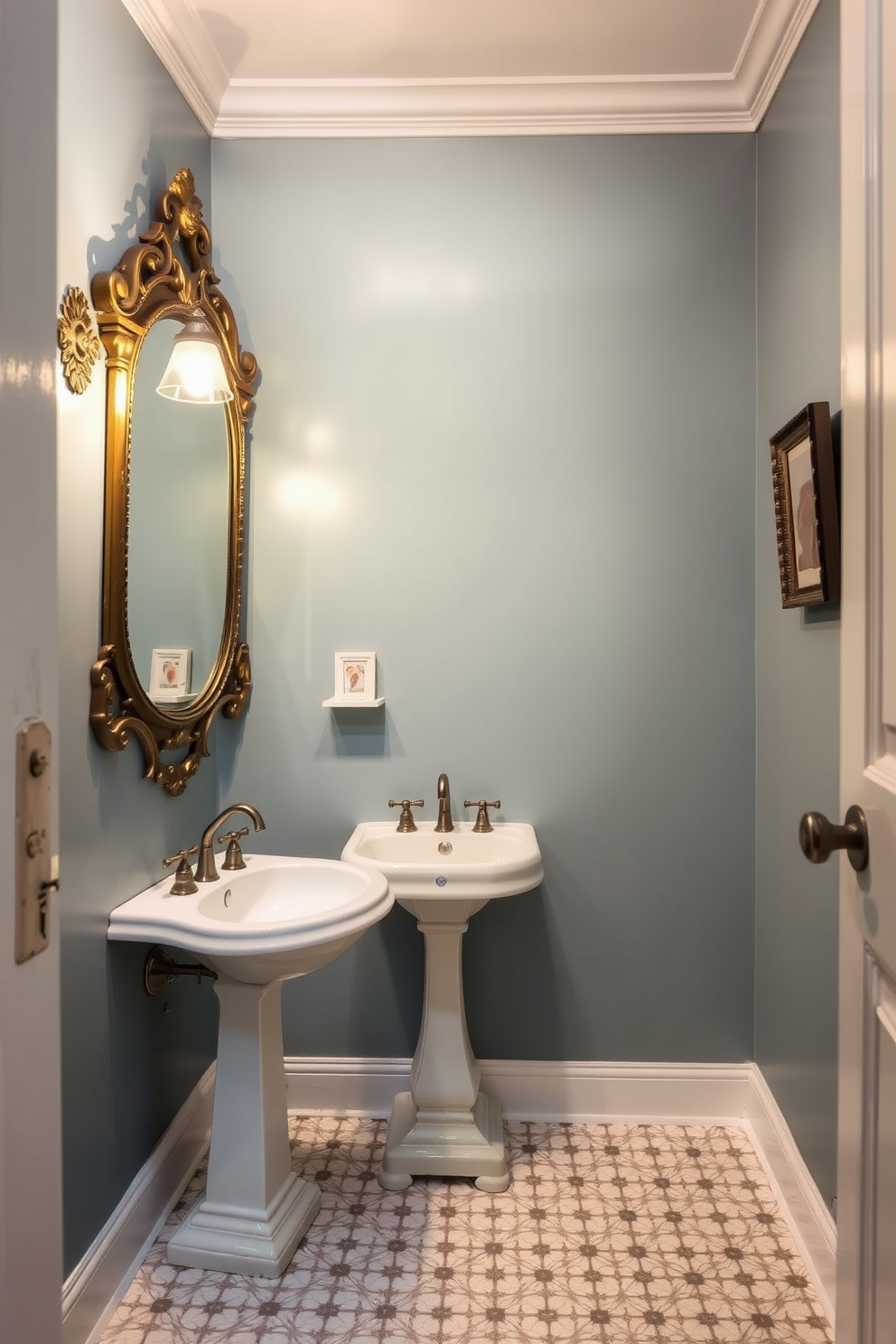 A vintage-inspired powder room features dusty blue walls that evoke a sense of nostalgia. The space is adorned with antique fixtures, including a pedestal sink and a classic mirror with intricate detailing. The flooring is a mosaic of white and gray tiles, adding a touch of elegance. Soft lighting from a vintage sconce casts a warm glow, enhancing the room's charming atmosphere.