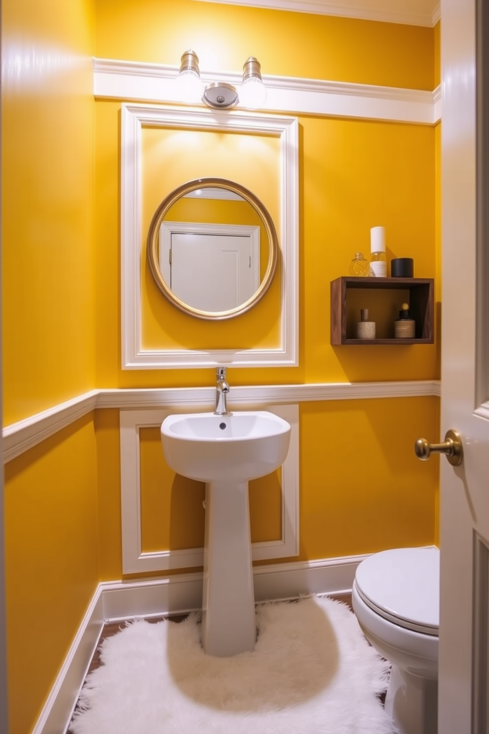 A vibrant mustard yellow powder room exudes energy and warmth. The walls are painted in a rich mustard yellow, complemented by sleek white trim and accents. A modern pedestal sink with a polished chrome faucet takes center stage. Above the sink, a round mirror with a gold frame reflects the lively color, enhancing the room's brightness. To the side, a small wooden shelf displays decorative items in contrasting colors, adding personality. A plush white rug lies beneath, providing comfort and style to the space.