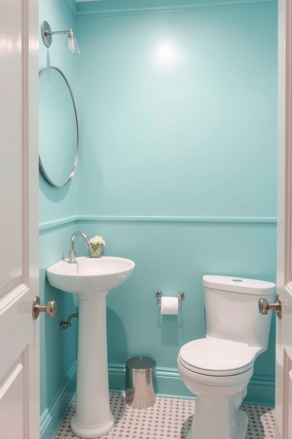 A playful powder room featuring fresh mint walls that create a vibrant yet soothing atmosphere. The space includes a chic pedestal sink with a gold faucet and a round mirror framed in natural wood, adding warmth to the design. The floor is adorned with white hexagonal tiles that contrast beautifully with the mint color, enhancing the room's playful vibe. A small potted plant sits on the sink, bringing a touch of nature indoors and completing the fresh look.