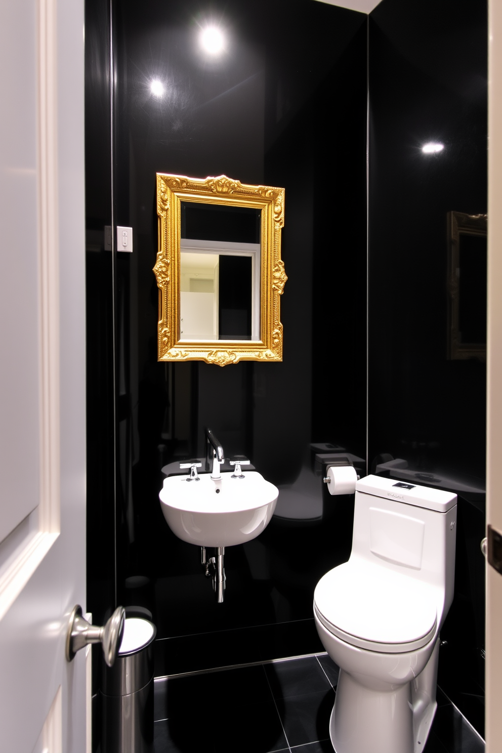 A powder room featuring soft blush pink walls that create a warm and inviting atmosphere. The space includes a sleek white pedestal sink and a round mirror framed in brushed gold, adding a touch of sophistication. The floor is adorned with delicate white marble tiles that complement the blush pink beautifully. A small potted plant sits on the windowsill, bringing a hint of nature into the elegant design.