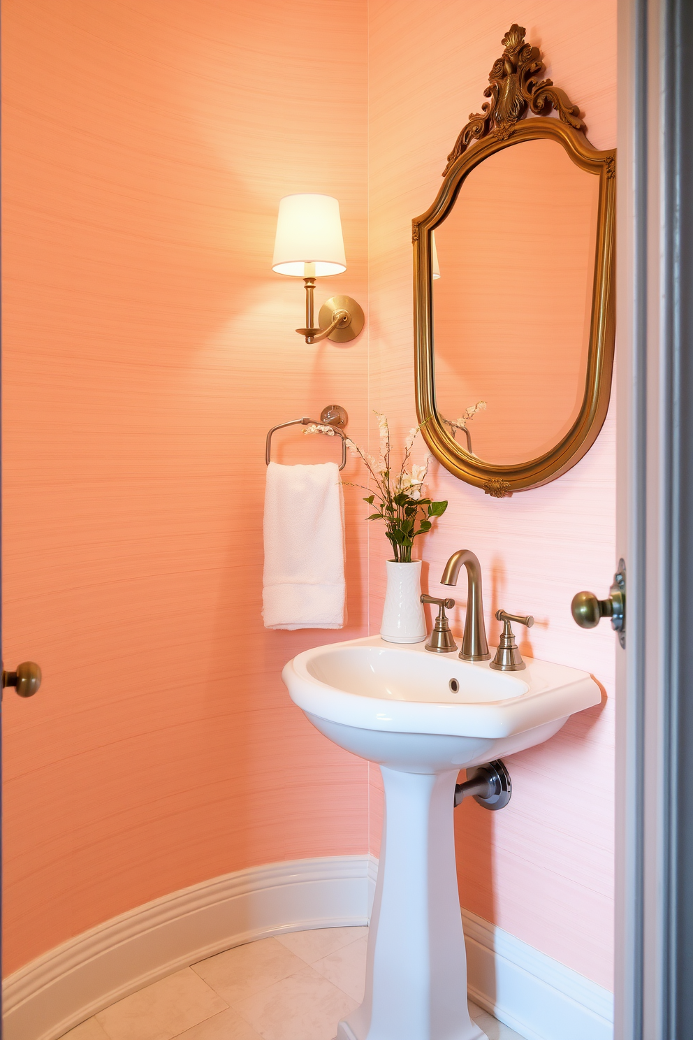 A cozy powder room bathed in soft peach tones creates a warm and inviting atmosphere. The walls are adorned with a delicate textured wallpaper that complements the peach hue, enhancing the overall brightness of the space. A stylish pedestal sink with elegant curves sits against the wall, paired with a vintage-inspired mirror framed in brushed gold. Decorative accents such as plush towels and a small potted plant add a touch of charm and personality to the room.