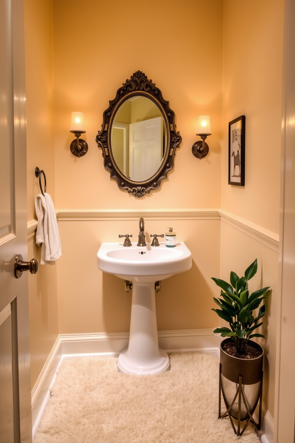 A neutral cream powder room exudes timeless appeal, featuring soft lighting that enhances the warm tones of the walls. The space includes a sleek pedestal sink with a vintage-style faucet, complemented by elegant wall sconces that provide a cozy ambiance. To add character, a decorative mirror with an ornate frame hangs above the sink, reflecting the understated luxury of the room. A plush cream rug lies beneath, inviting comfort and style, while subtle greenery in a chic pot brings a touch of nature indoors.