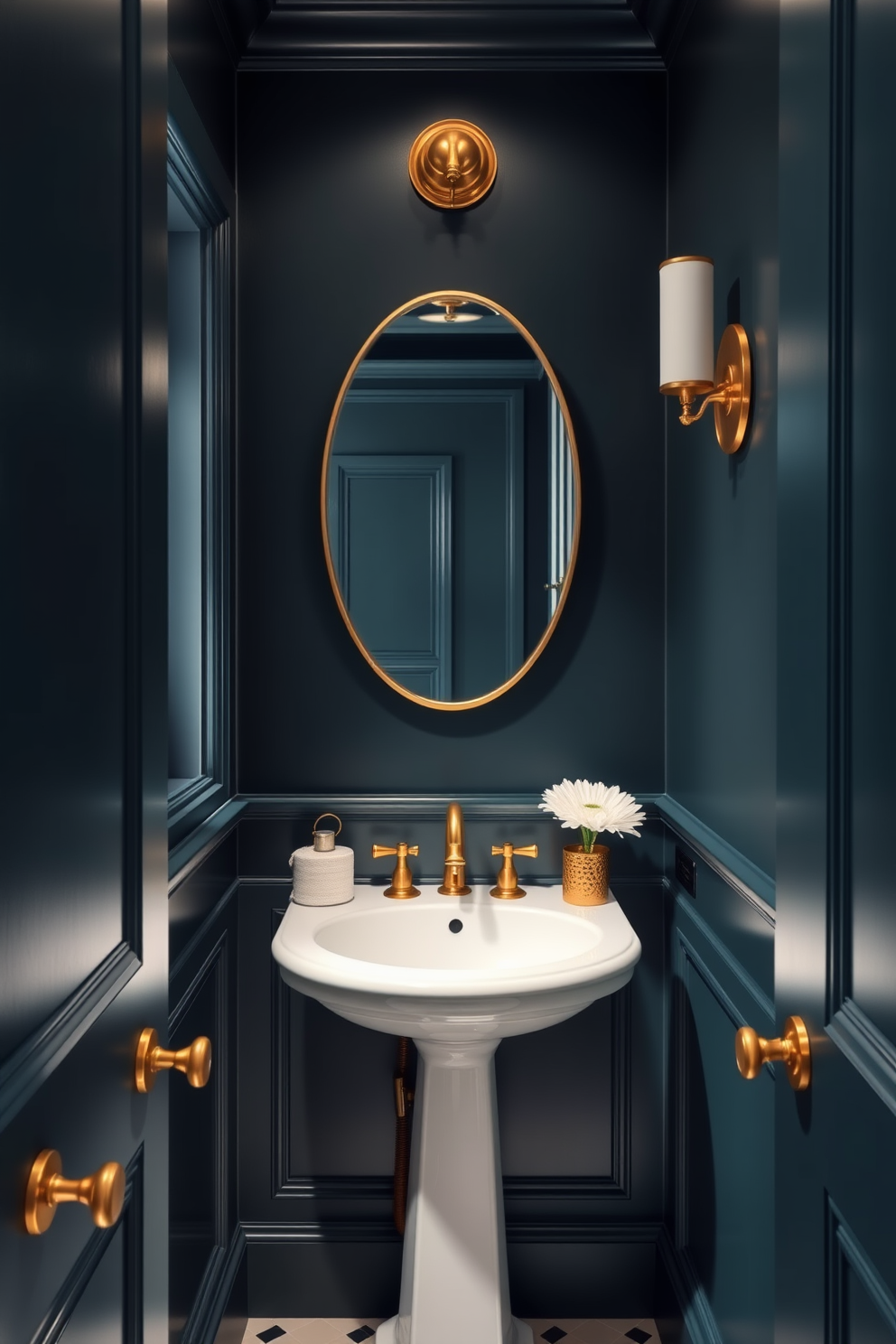 A luxurious powder room featuring dark teal walls that create a rich and inviting atmosphere. The space is enhanced by elegant gold fixtures and a stylish white pedestal sink that contrasts beautifully with the deep color.