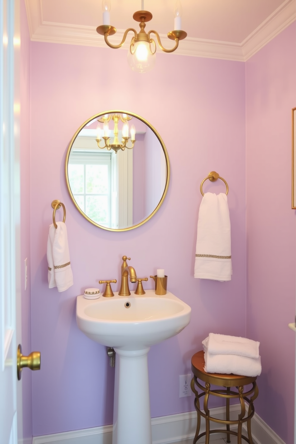 A cozy powder room featuring earthy olive green walls that evoke a sense of organic charm. The space includes a sleek pedestal sink and a round mirror framed in natural wood, complemented by warm lighting fixtures that enhance the inviting atmosphere.