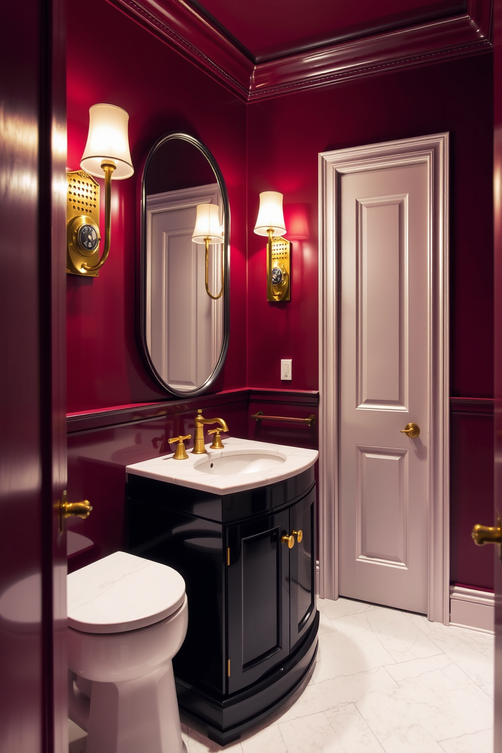 A luxurious powder room featuring rich burgundy walls that create a dramatic and intimate atmosphere. The space includes a sleek black vanity with a white marble sink and gold fixtures, complemented by elegant lighting fixtures that enhance the opulence.