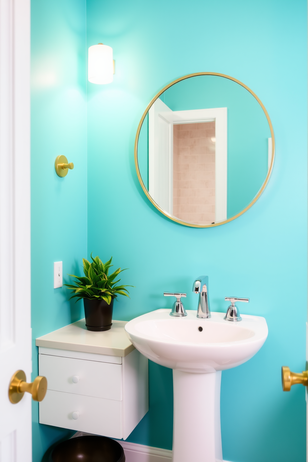 A vibrant powder room with bright turquoise walls that energize the space. The room features a sleek white pedestal sink complemented by a modern chrome faucet. A round mirror with a thin gold frame hangs above the sink, reflecting the lively color. To enhance the ambiance, a small potted plant sits on the countertop, adding a touch of greenery.