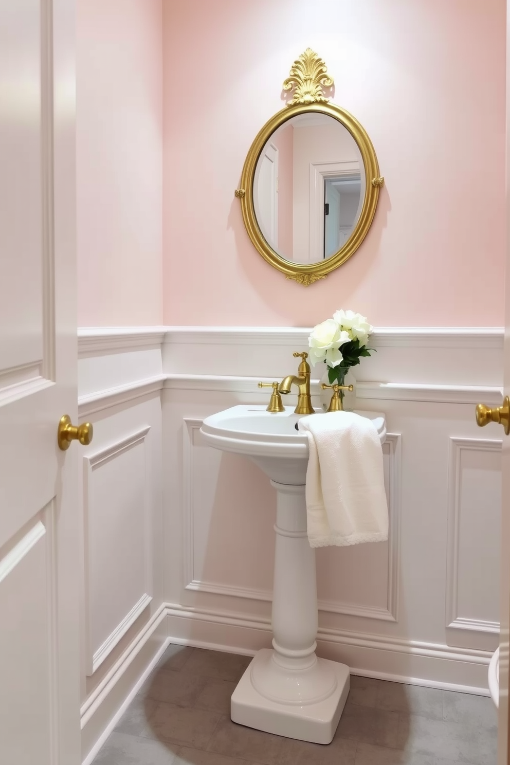 A stylish powder room featuring muted mauve walls that create an inviting atmosphere. The space includes a sleek white pedestal sink and a vintage-style mirror with an ornate gold frame. Soft lighting fixtures hang from the ceiling, casting a warm glow over the room. A plush cream-colored rug lies beneath the sink, adding a touch of comfort and elegance.