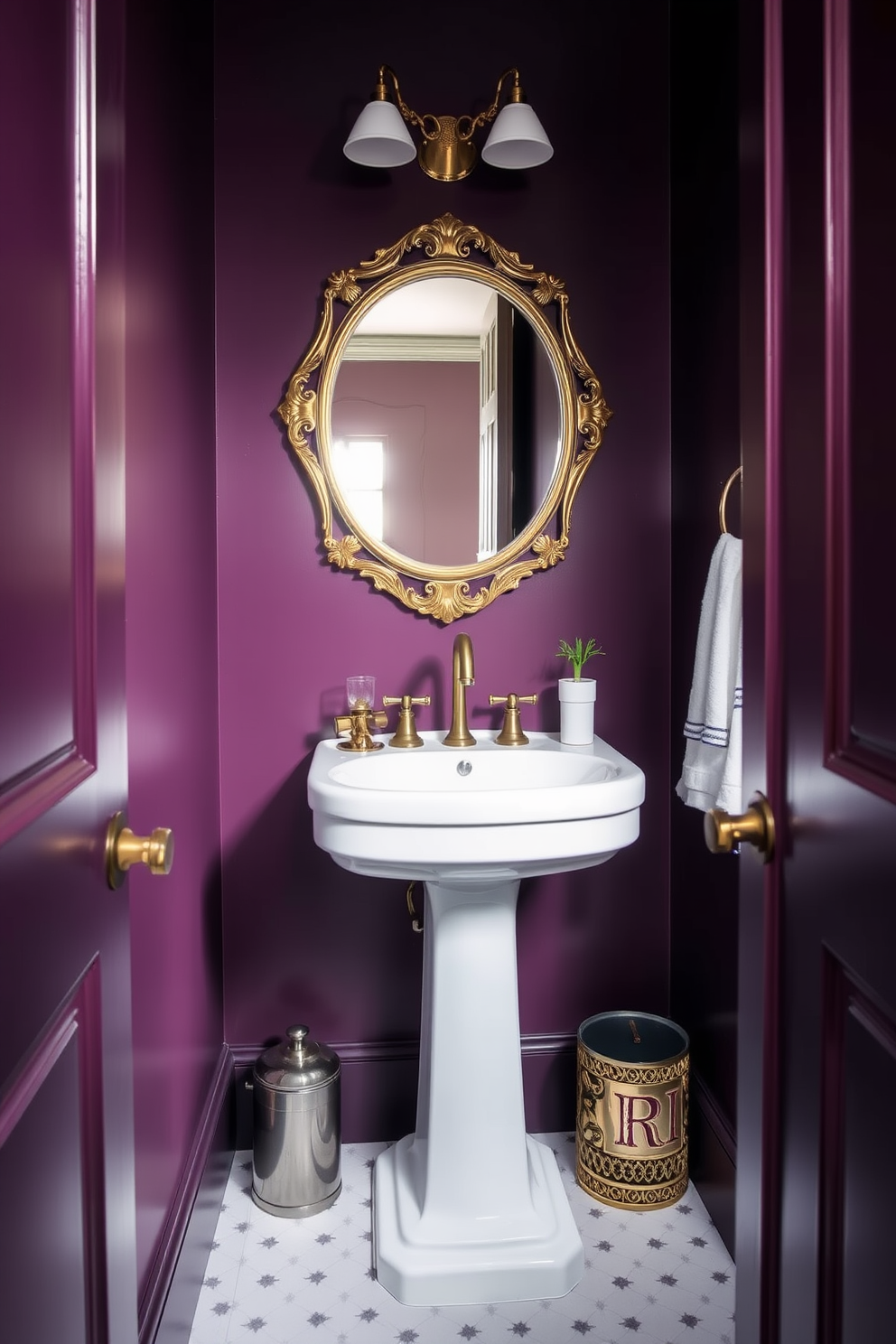 A cozy retreat powder room features moody plum walls that envelop the space in warmth and sophistication. The design includes a sleek white pedestal sink paired with a vintage gold faucet, complemented by a round mirror with an ornate frame above it.