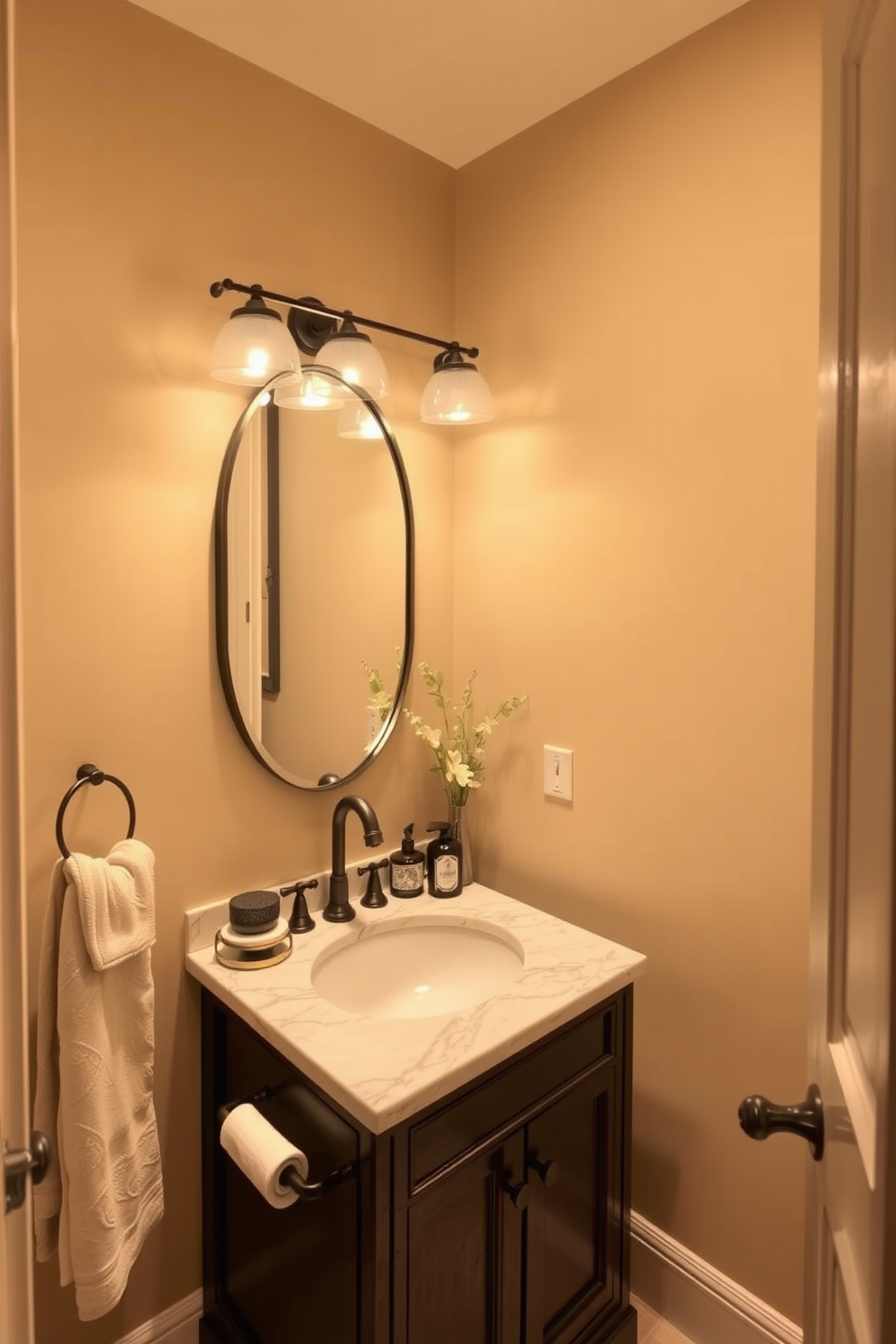 A warm beige powder room creates a cozy atmosphere that invites relaxation. The walls are painted in a soft beige hue, complemented by elegant fixtures and warm lighting to enhance the inviting feel. The vanity features a sleek design with a marble top, adorned with stylish accessories. A plush hand towel and decorative elements add a touch of sophistication, making the space both functional and aesthetically pleasing.