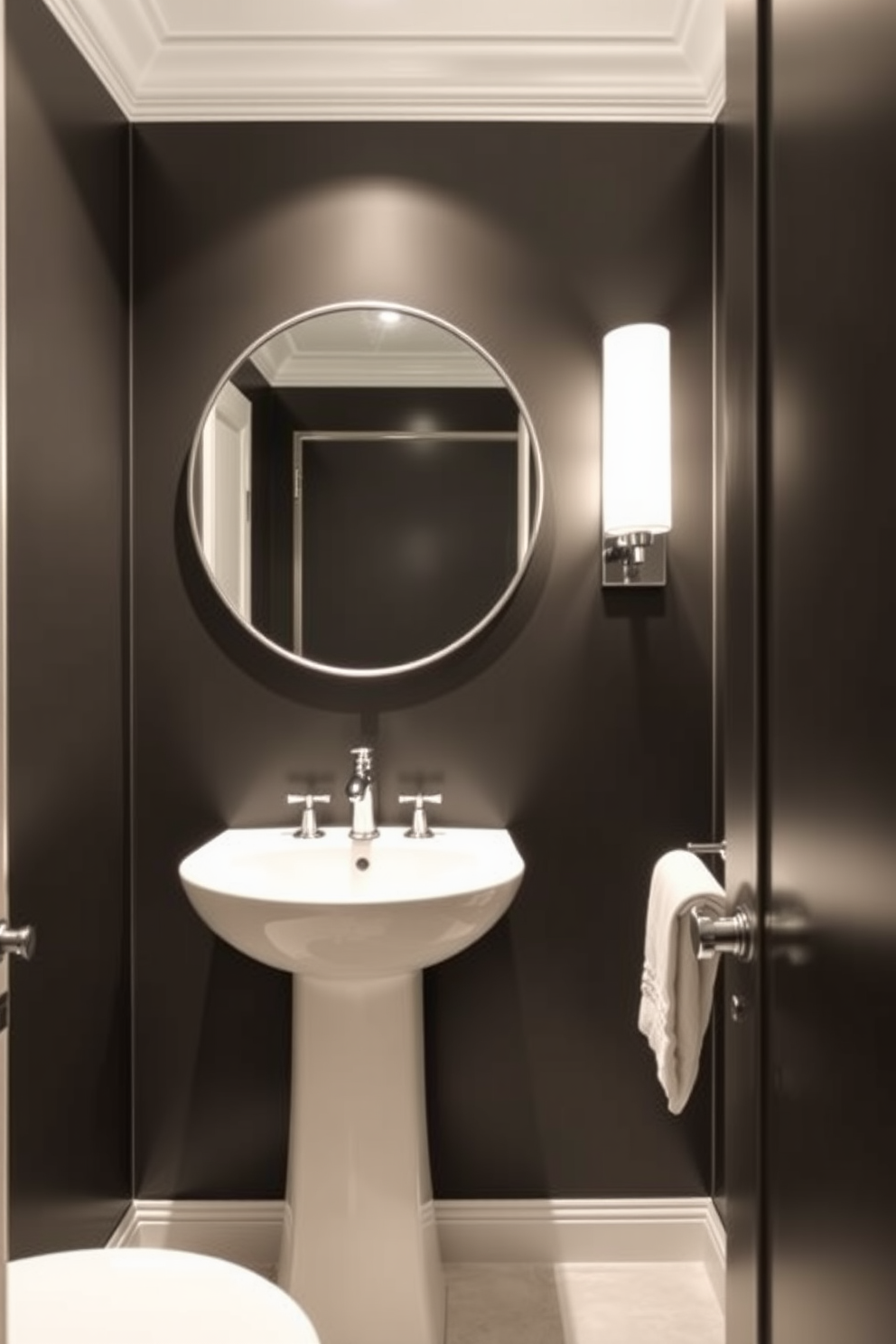 A luxurious powder room featuring deep charcoal walls that exude sophistication and elegance. The space is accented with sleek white fixtures and a polished chrome faucet, creating a striking contrast against the dark backdrop. A minimalist round mirror with a thin metallic frame hangs above a modern pedestal sink. Soft ambient lighting illuminates the room, enhancing the rich tones of the charcoal paint and creating an inviting atmosphere.