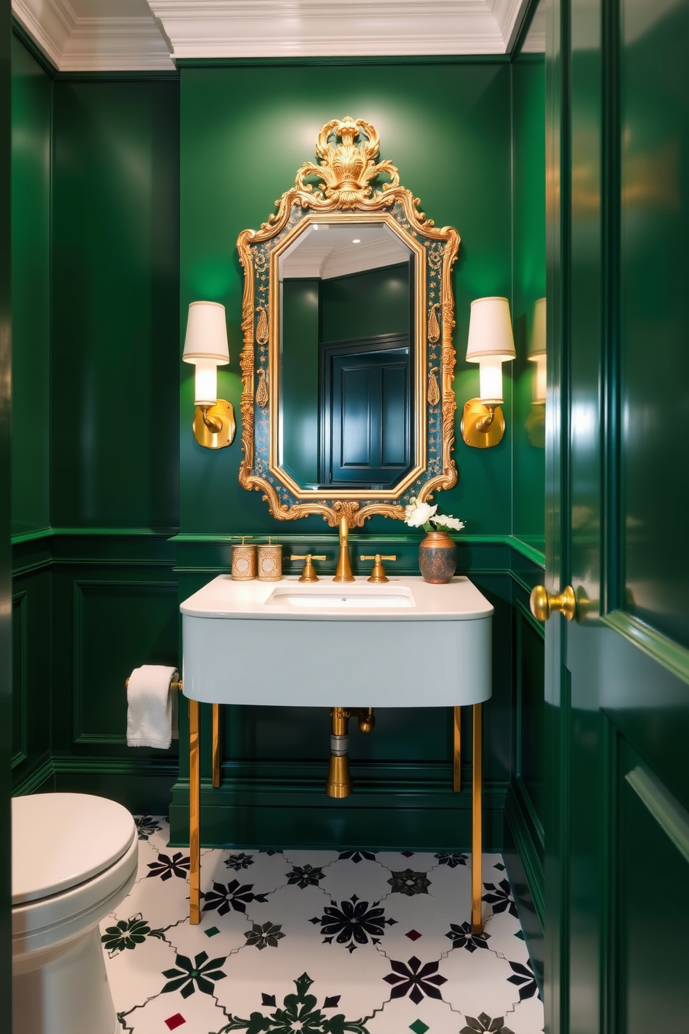 A luxurious powder room featuring rich emerald green walls that exude sophistication and elegance. The space is accented with gold fixtures and a sleek white vanity that contrasts beautifully with the deep color. The floor is adorned with intricate black and white tiles, adding a touch of timeless charm. A decorative mirror with a gold frame hangs above the vanity, enhancing the opulence of the room while reflecting the vibrant hues.