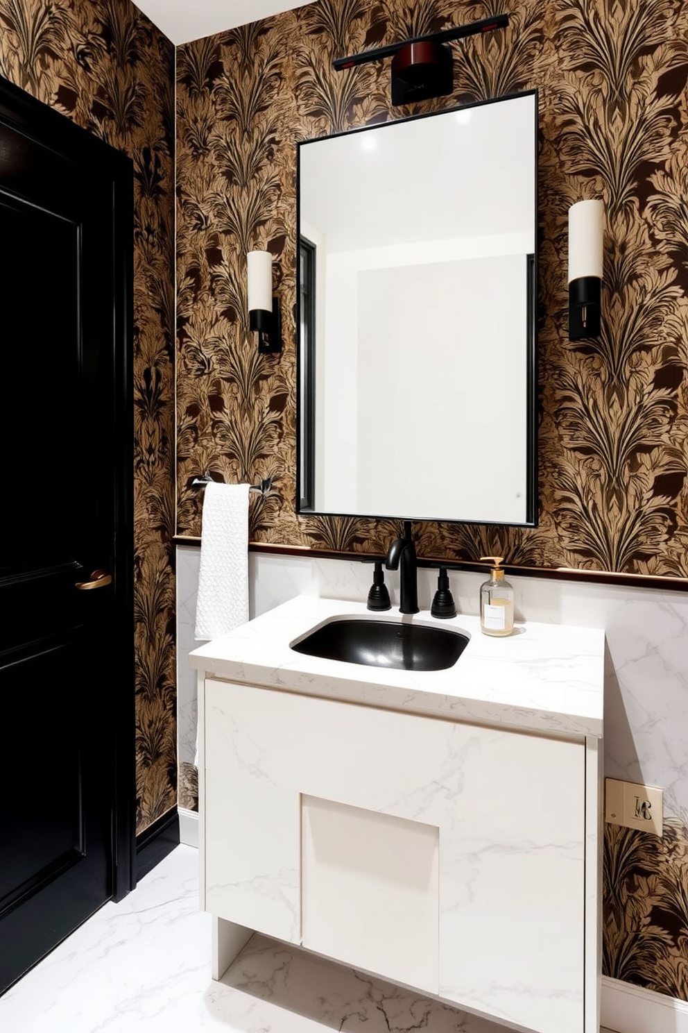 A stunning powder room featuring a marble sink with a luxurious finish. The walls are adorned with elegant wallpaper in soft tones, complemented by polished brass fixtures. The floor is covered in intricate mosaic tiles that add a touch of sophistication. A stylish mirror with a decorative frame hangs above the sink, enhancing the overall aesthetic of the space.