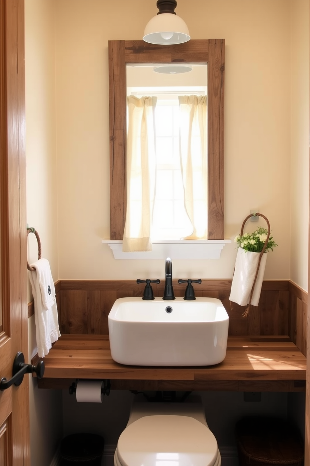 A charming powder room featuring a farmhouse sink with rustic accents. The sink is surrounded by reclaimed wood cabinetry and vintage-inspired fixtures, creating a warm and inviting atmosphere. Natural light streams in through a small window adorned with sheer linen curtains. The walls are painted in a soft cream color, complemented by a distressed wooden mirror above the sink.