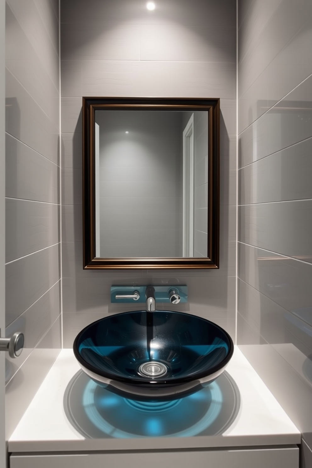 A minimalist sink design featuring clean geometric shapes is the focal point of this powder room. The sink is mounted on a simple wall with a sleek, unobtrusive faucet that complements the modern aesthetic. Surrounding the sink, the color palette consists of soft whites and light grays, enhancing the sense of space and tranquility. A small, elegant mirror hangs above the sink, reflecting the minimalist charm of the room.