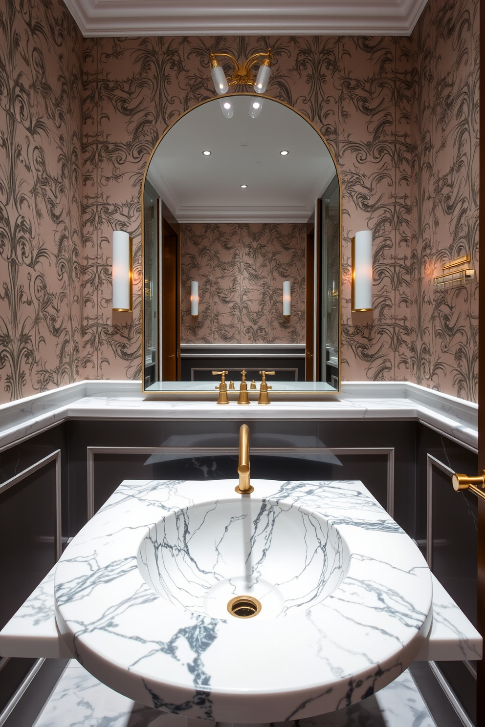 A luxurious powder room features a stunning marble sink that serves as the focal point of the space. The walls are adorned with elegant wallpaper and the floor is finished with polished marble tiles for a cohesive look. The lighting is soft and warm, highlighting the intricate veining of the marble sink. Complementary fixtures in brushed gold add a touch of sophistication and glamour to the overall design.