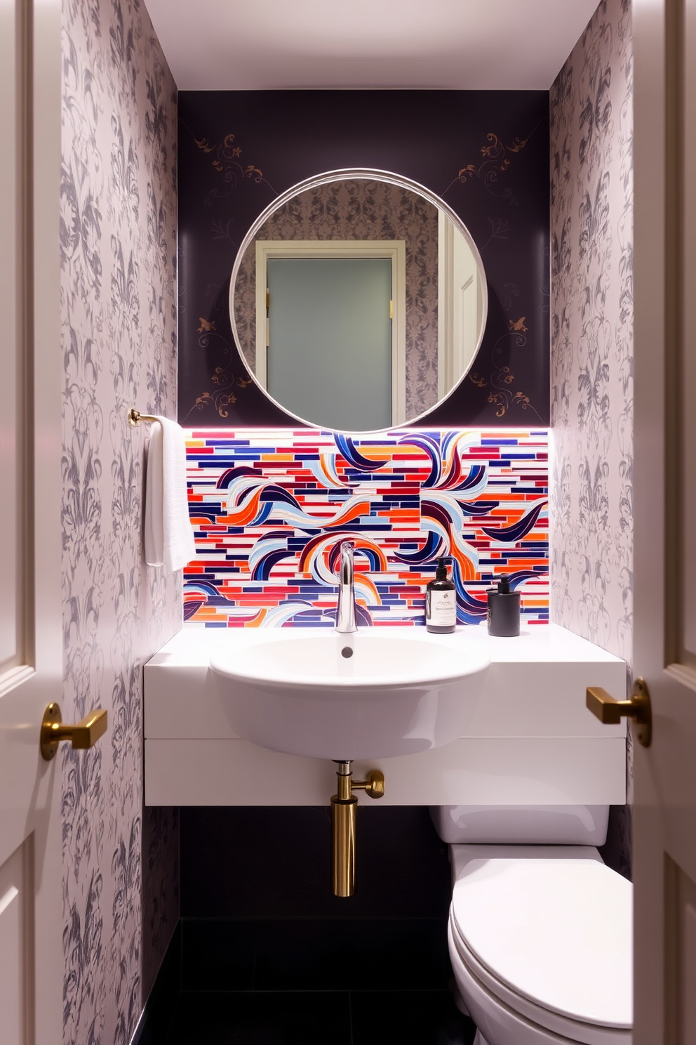 A stylish powder room features an integrated sink seamlessly blending into a bold, colorful backsplash that serves as a striking focal point. The walls are adorned with elegant wallpaper, and the lighting is soft yet illuminating, creating a warm and inviting atmosphere.