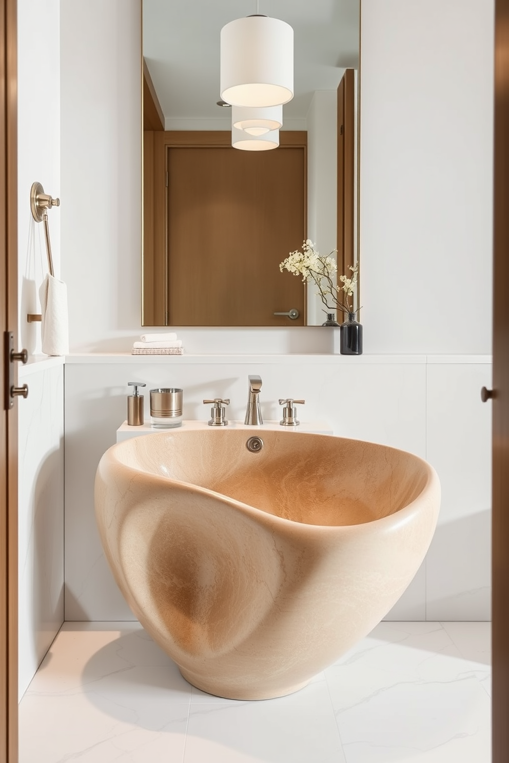 A sculptural sink takes center stage in a luxurious powder room, showcasing its artistic form with smooth curves and a unique finish. Surrounding the sink, elegant fixtures and minimalist decor enhance the overall sophistication of the space.