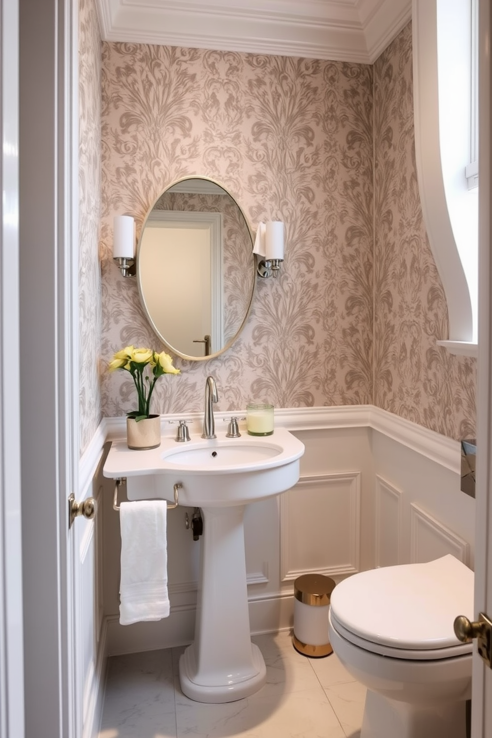 A stylish powder room featuring a corner sink to maximize space. The walls are adorned with elegant wallpaper, and the floor is finished with sleek tiles that complement the overall design.