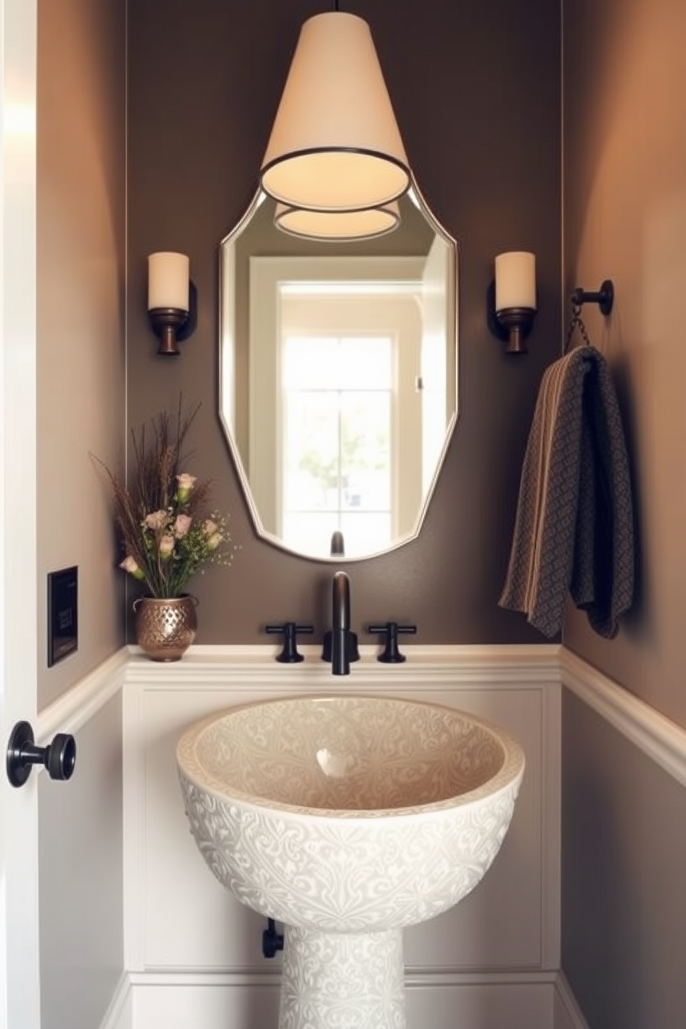 A stylish powder room featuring a sink with built-in storage options. The sink is seamlessly integrated into a sleek cabinetry design that maximizes space and functionality. The cabinetry is finished in a rich walnut tone, providing warmth and elegance. Above the sink, a modern mirror is framed in brushed nickel, enhancing the contemporary aesthetic of the room.