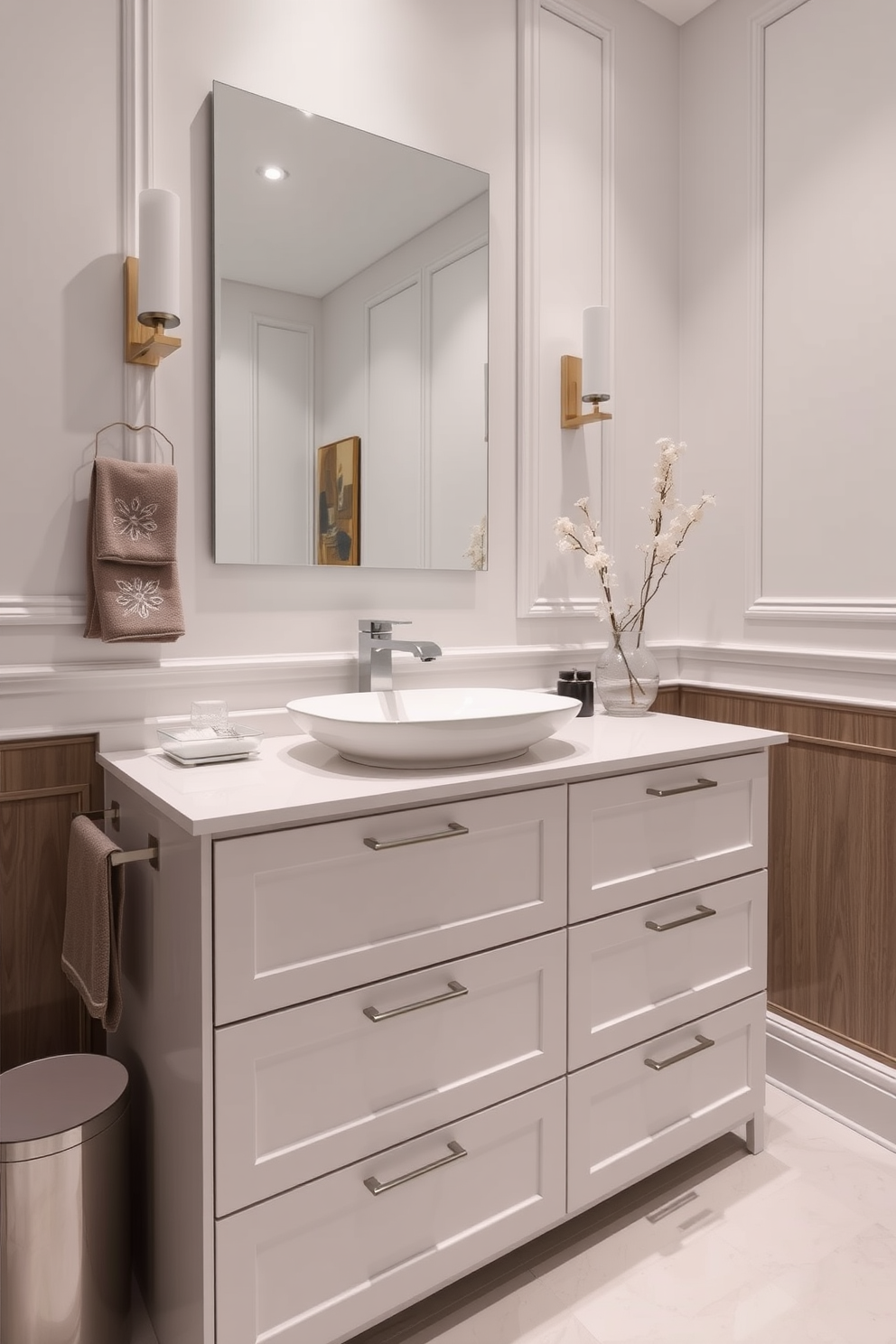 A stylish powder room featuring a sleek sink with integrated storage solutions. The design incorporates a minimalist vanity with ample drawers, ensuring a clutter-free space. The sink is seamlessly integrated into the countertop, showcasing a modern faucet that complements the overall aesthetic. Soft lighting illuminates the room, highlighting elegant wall finishes and decorative accents.