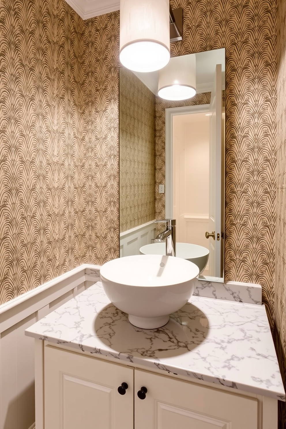 A wall-mounted sink with sleek lines creates a modern and minimalist aesthetic in the powder room. The design features a polished chrome faucet and a simple, elegant mirror above the sink, reflecting the clean lines of the space.