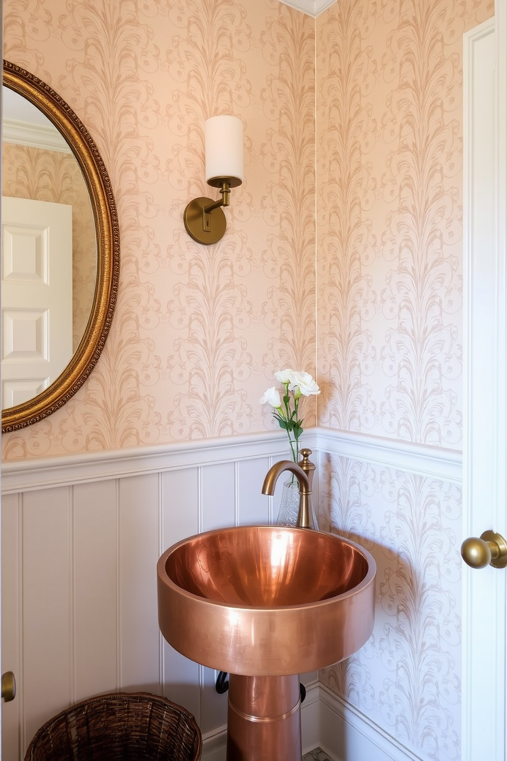 A stylish powder room featuring a copper sink that adds a warm metallic touch. The walls are adorned with elegant wallpaper in soft hues, creating a cozy and inviting atmosphere.