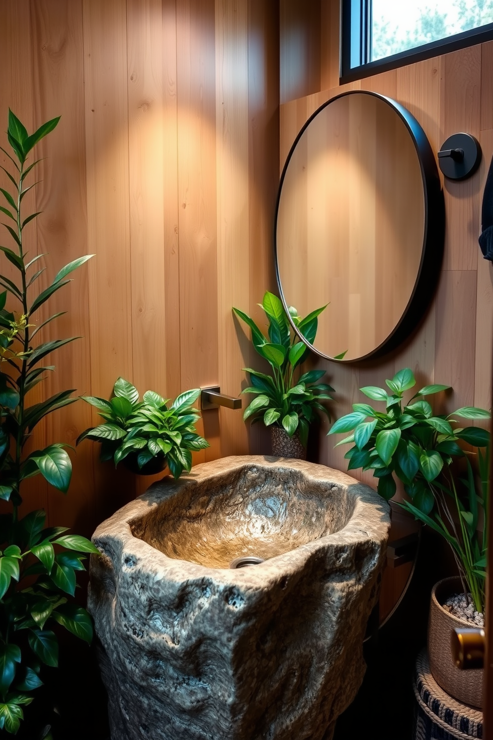 A nature-inspired powder room features a unique stone sink carved from natural rock, showcasing its organic textures and earthy tones. Surrounding the sink, lush greenery and potted plants create a serene atmosphere, while soft, ambient lighting highlights the beauty of the stone. The walls are adorned with natural wood paneling, adding warmth to the space. A minimalist mirror above the sink reflects the tranquil environment, enhancing the overall aesthetic of the powder room.