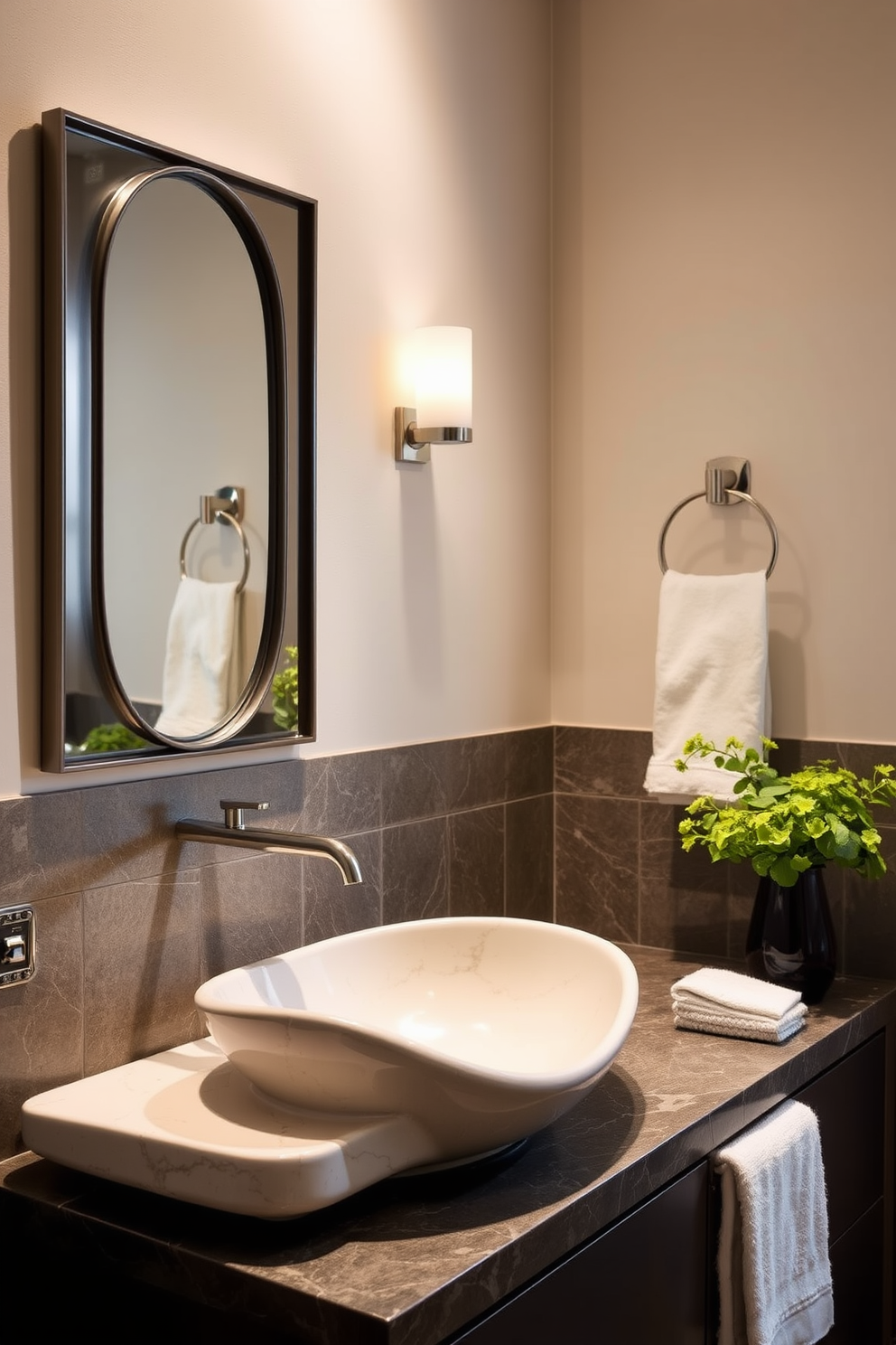 A stylish powder room featuring a sleek sink with a decorative tile backsplash. The backsplash showcases intricate patterns in vibrant colors that complement the overall design aesthetic.