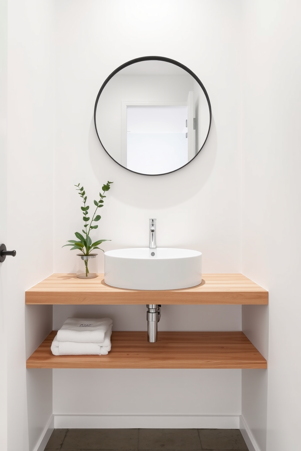 A modern powder room features a floating shelf that seamlessly integrates a sleek, under-mounted sink. The shelf is crafted from light wood, providing a warm contrast to the cool white walls and enhancing the minimalist aesthetic. Above the sink, a large round mirror with a thin black frame reflects the stylish fixtures. Complementing the design, a small potted plant adds a touch of greenery to the space, while elegant hand towels are neatly arranged on the shelf.