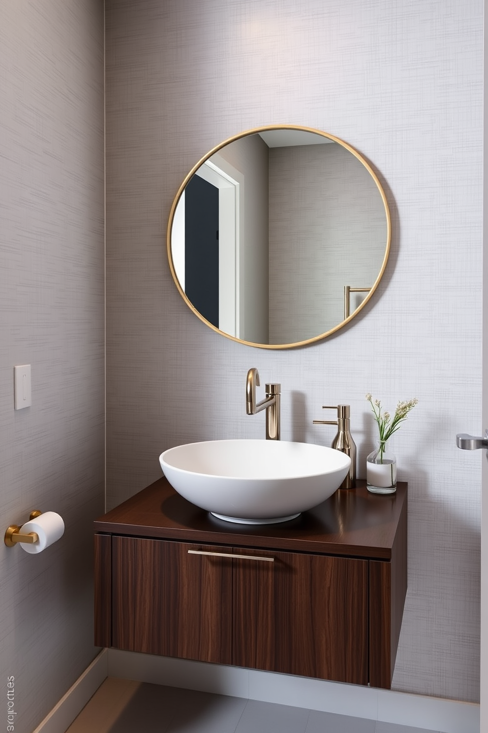 A stylish powder room featuring a sleek sink with open shelving underneath. The shelving showcases neatly arranged towels and decorative items, creating a functional yet aesthetic space.