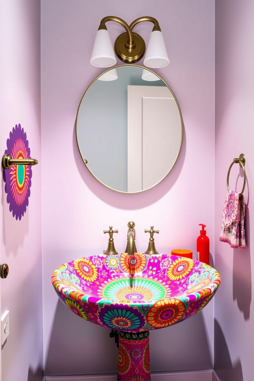 A vibrant powder room features a basin sink adorned with intricate colorful patterns that create a striking focal point. The walls are painted in a soft pastel hue, complementing the lively design of the sink and enhancing the overall cheerful ambiance.