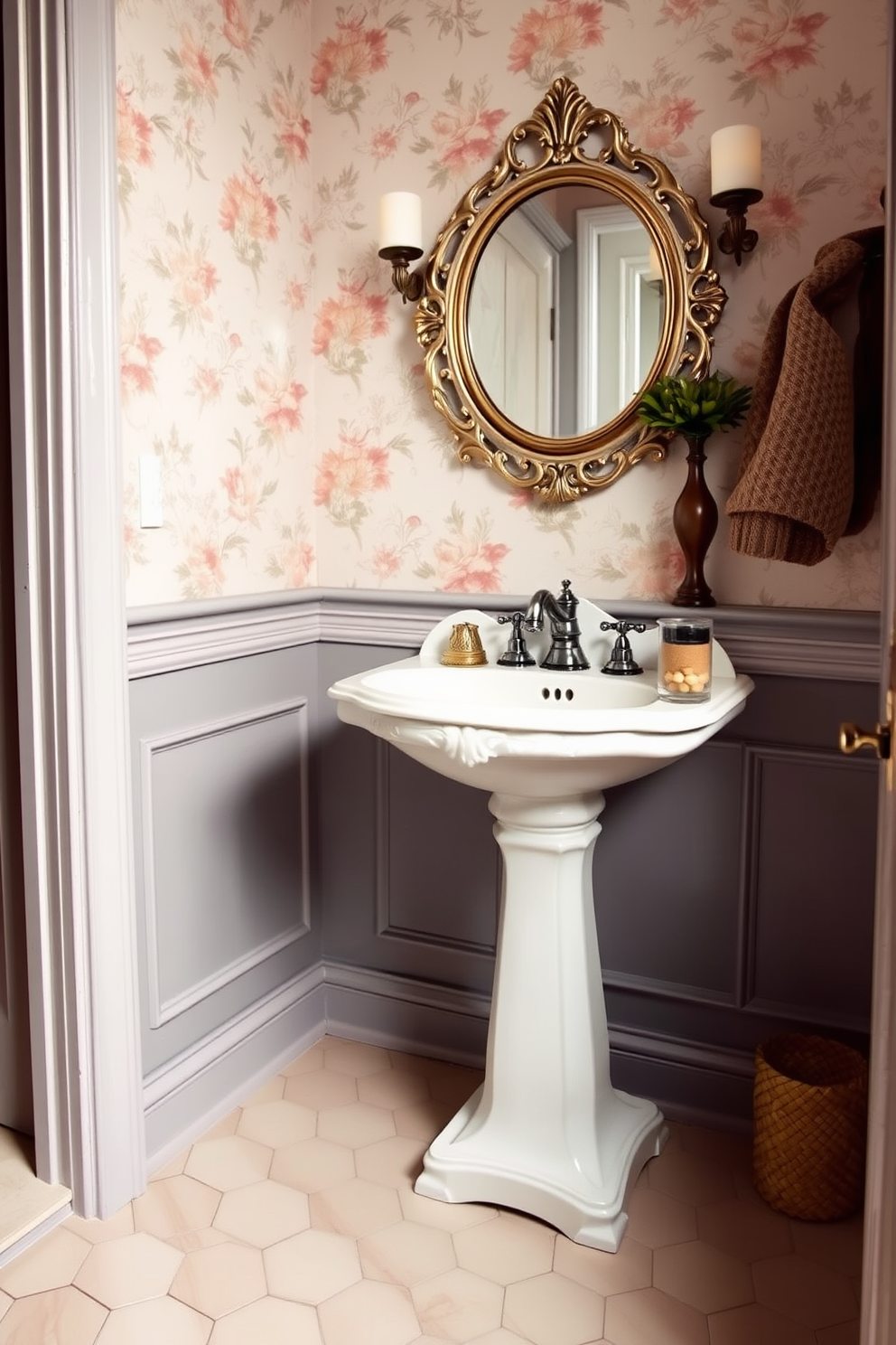 A charming powder room features a classic pedestal sink with intricate detailing and a polished chrome faucet. The walls are adorned with soft pastel wallpaper, and a small vintage mirror hangs above the sink, reflecting warm light from an antique-style sconce. The floor is laid with elegant hexagonal tiles, adding a touch of sophistication. A delicate floral arrangement sits on a nearby wooden shelf, enhancing the inviting atmosphere of the space.