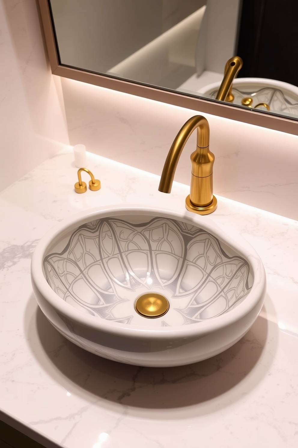 A custom-designed sink featuring elegant curves and intricate detailing that reflects a personalized style. The sink is complemented by a chic faucet in a brushed gold finish, enhancing the overall aesthetic of the powder room. The surrounding countertop is crafted from luxurious quartz with subtle veining, providing a striking contrast to the sink. Soft ambient lighting highlights the unique design, creating an inviting atmosphere in the space.