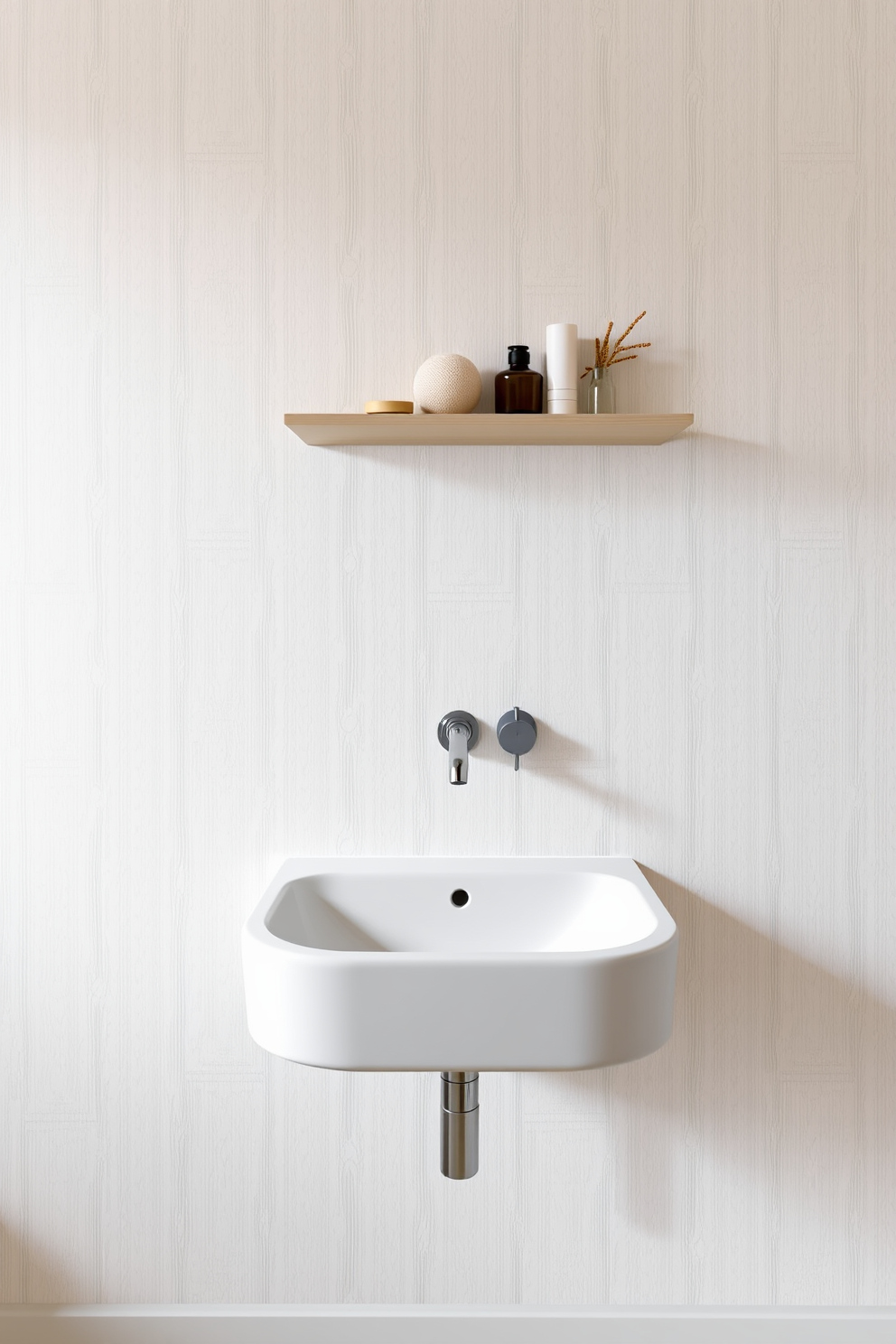 A sleek wall-mounted sink creates a minimalist aesthetic in the powder room. The design features clean lines and a simple faucet, enhancing the uncluttered feel of the space. Surrounding the sink, the walls are adorned with subtle textured wallpaper in soft neutral tones. A small floating shelf above the sink holds a few curated decorative items, maintaining the room's airy ambiance.