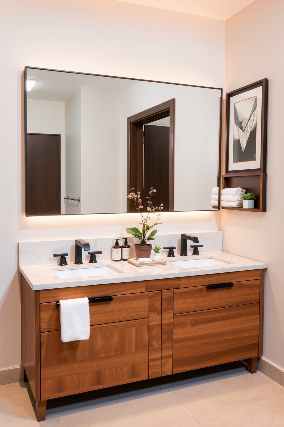 A stylish powder room features an integrated sink and countertop combo made of sleek white quartz. The design includes minimalist cabinetry below the sink, complemented by elegant brass fixtures and a large round mirror that enhances the sense of space. The walls are adorned with a soft pastel wallpaper, adding a touch of warmth to the room. A small potted plant sits on the countertop, bringing a hint of nature into this chic and functional space.