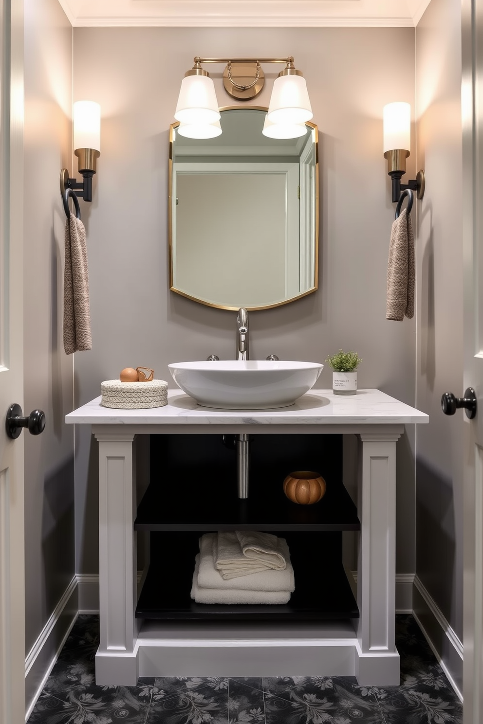 A stylish powder room featuring a console sink with open shelving underneath. The sink is elegantly designed with a sleek faucet, while the open shelves display neatly arranged towels and decorative items.