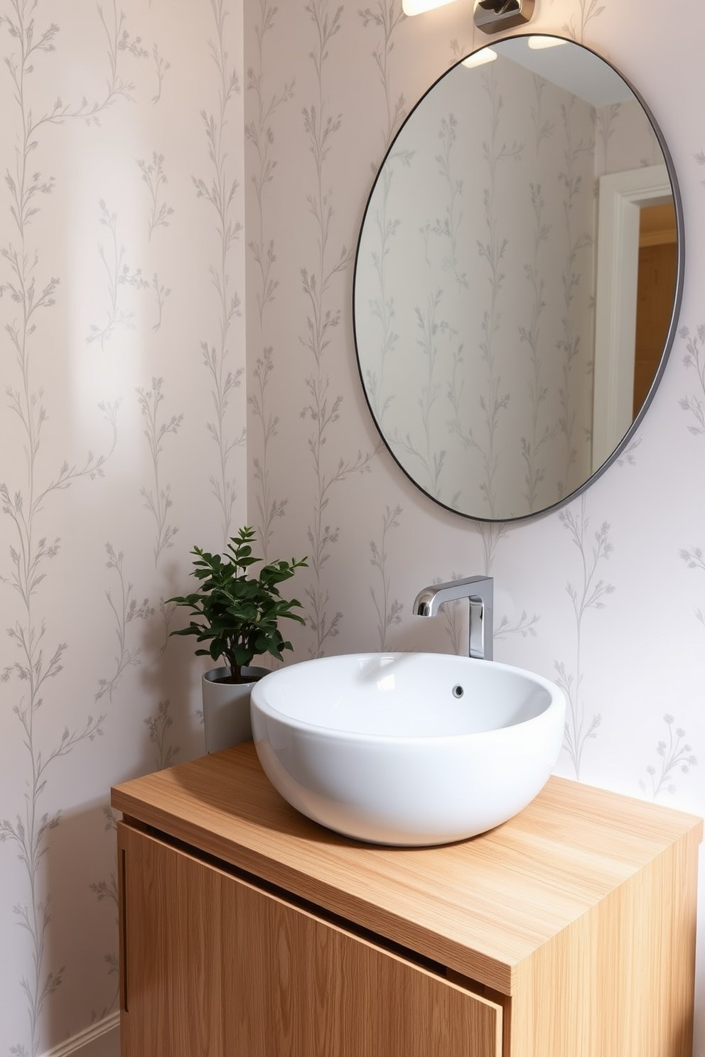 A round sink sits atop a sleek wooden vanity, creating a soft aesthetic appeal in the powder room. The walls are adorned with delicate wallpaper featuring subtle floral patterns, enhancing the inviting atmosphere. Soft ambient lighting illuminates the space, reflecting off the rounded edges of the sink and highlighting its elegant curves. A small potted plant rests beside the sink, adding a touch of greenery and freshness to the design.