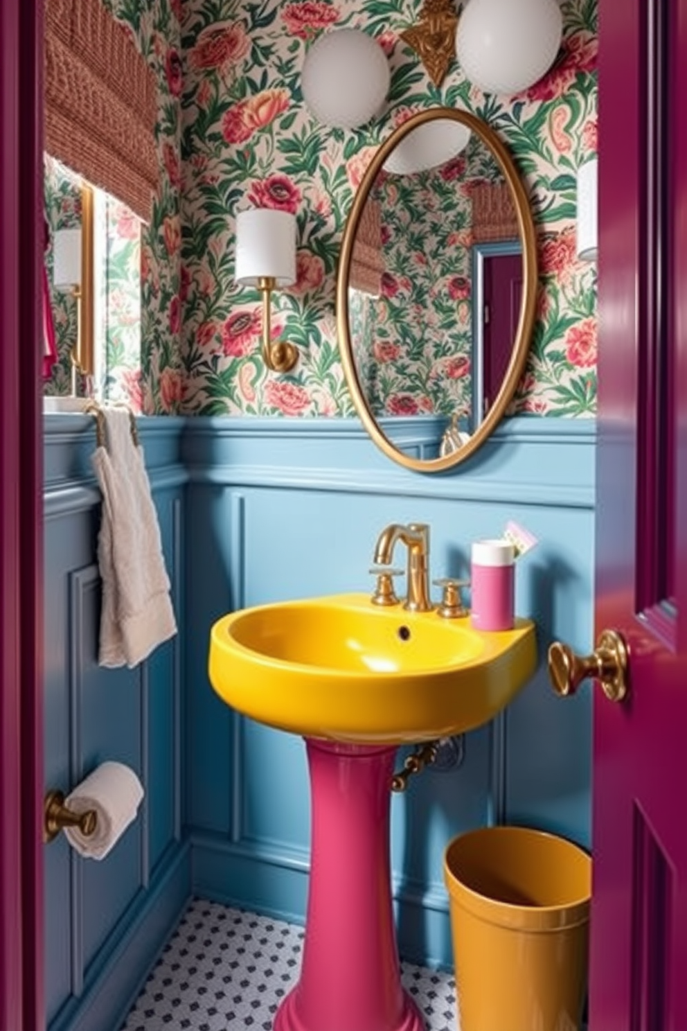 A stylish double sink powder room features a sleek white countertop with two undermount sinks. The cabinetry is a rich navy blue with gold hardware, and the walls are adorned with a subtle geometric wallpaper. Above the sinks, two round mirrors with ornate frames reflect the ambient lighting. A plush area rug in soft tones adds warmth to the space, while fresh greenery in a decorative pot brings a touch of nature indoors.