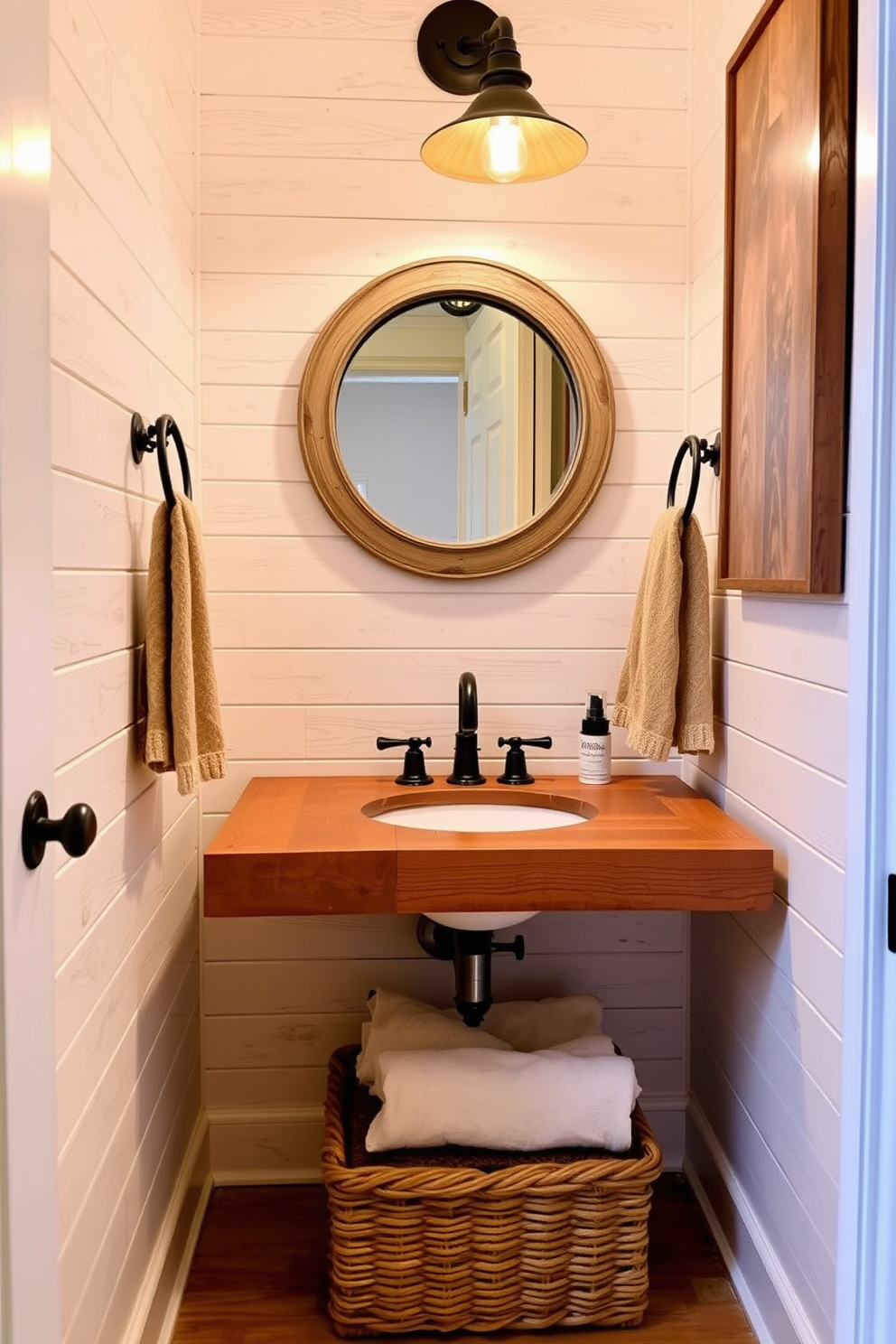 A rustic reclaimed wood vanity is the centerpiece of this powder room, showcasing its natural texture and warm tones. Above the vanity, a round mirror with a distressed frame reflects the charming ambiance of the space. The walls are adorned with shiplap in a soft white finish, complementing the rich wood of the vanity. A vintage-style light fixture casts a warm glow, enhancing the cozy atmosphere while a woven basket sits beneath for storage.