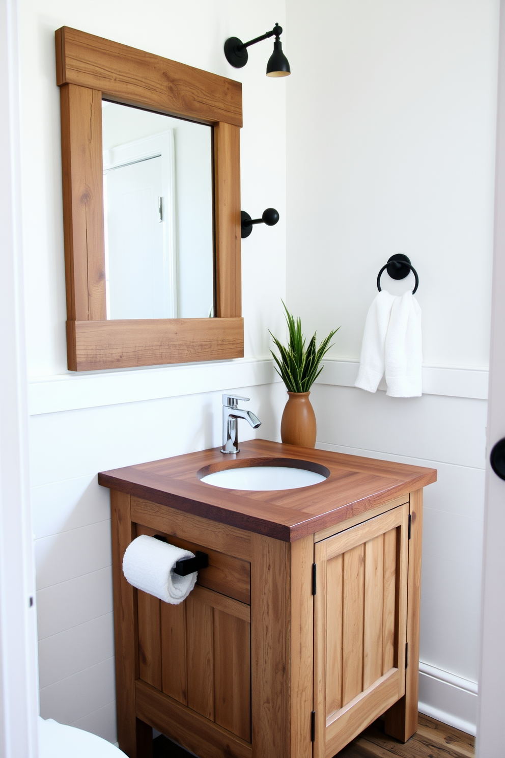 A stylish powder room featuring a glass-front cabinet vanity that showcases curated decorative items. The vanity is complemented by a sleek countertop and elegant fixtures, creating a sophisticated yet inviting atmosphere.