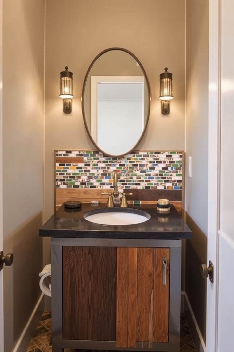 A stylish powder room featuring an eclectic mix of materials that creates a unique and inviting atmosphere. The vanity combines reclaimed wood with sleek metal accents, showcasing a vibrant mosaic tile backsplash that adds a pop of color. The countertop is crafted from a rich, dark stone, complemented by a vintage-inspired faucet in an antique finish. Soft lighting from decorative sconces illuminates the space, enhancing the warm tones of the mixed materials used throughout the design.