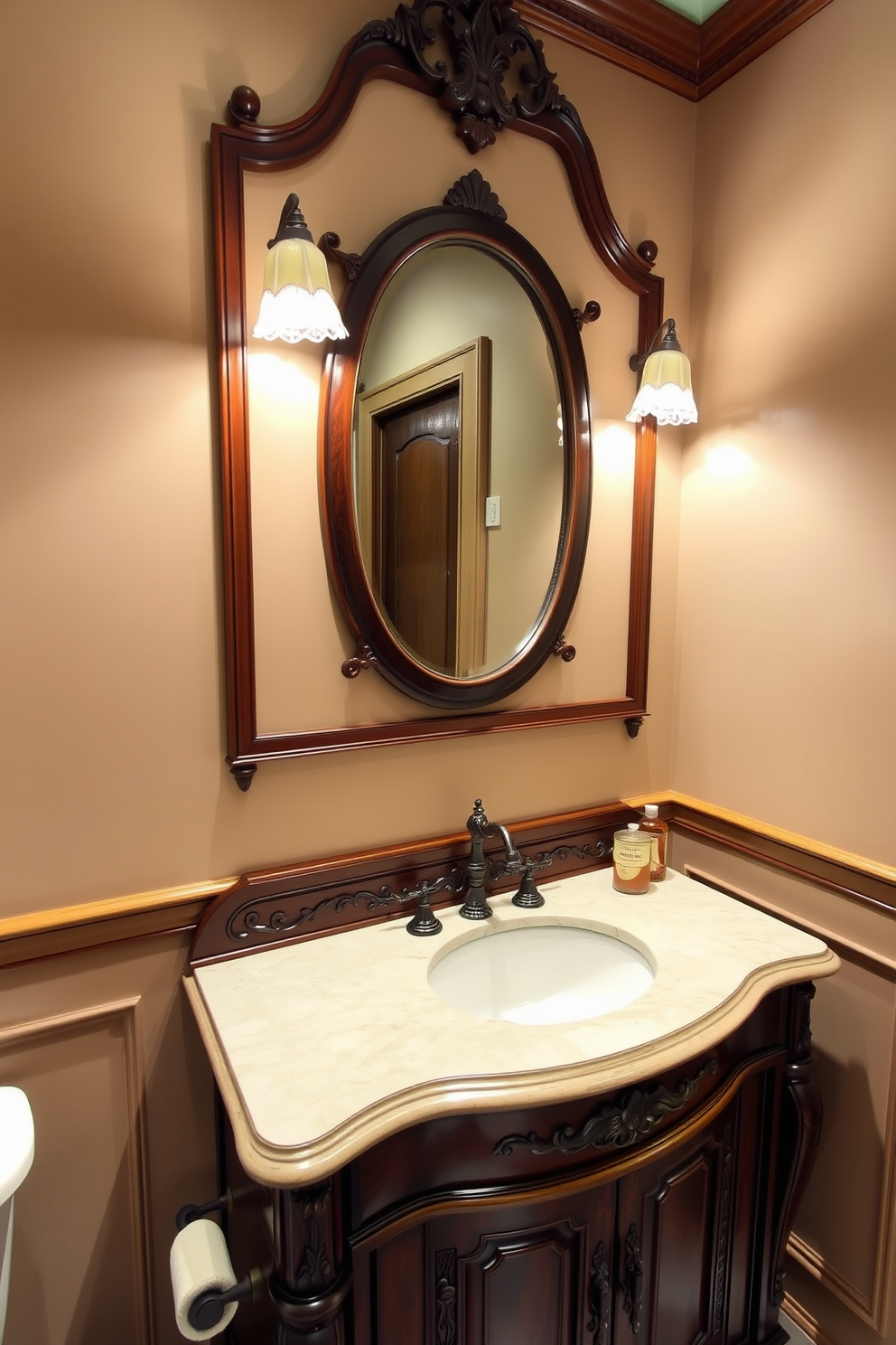 A charming powder room featuring an antique vanity with intricate carvings and a rich wood finish. The vanity is topped with a polished marble surface, showcasing an elegant vessel sink and vintage-style faucet. Soft lighting illuminates the space, highlighting the ornate details of the vanity and creating a warm ambiance. The walls are adorned with a delicate floral wallpaper, complementing the classic design of the room.